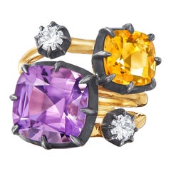 Cushion Amethyst, Citrine and Diamond Collet Stack Ring Signed Fred Leighton