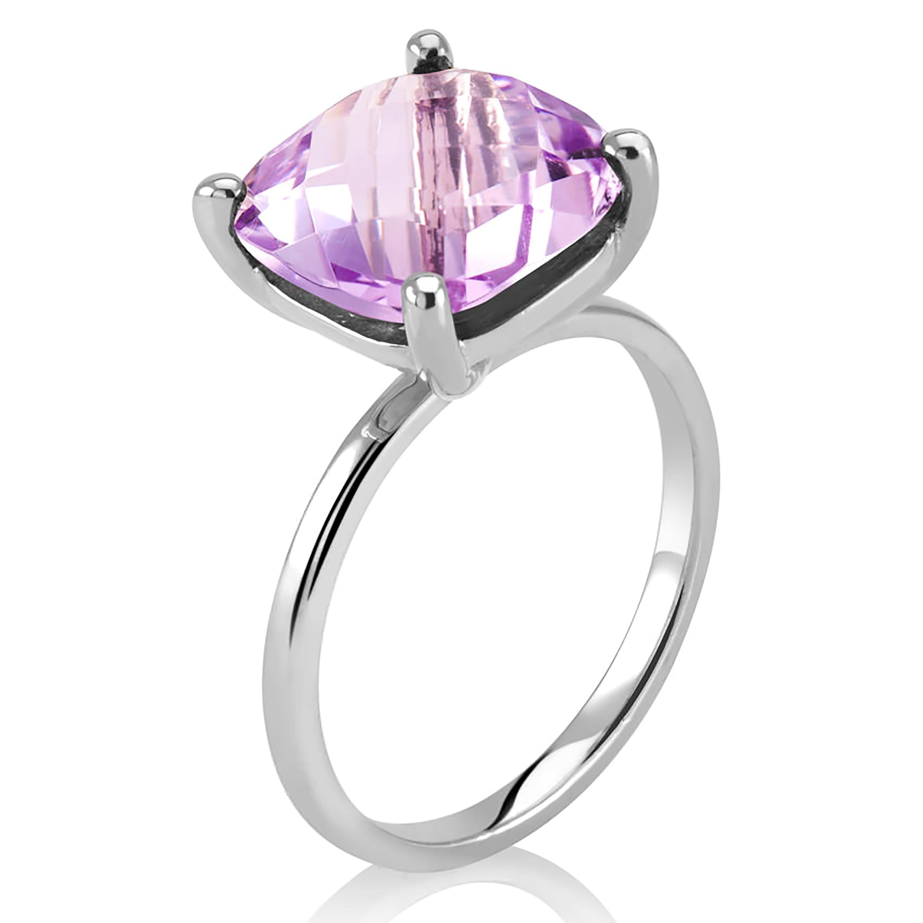Sterling Silver Solitaire ring 
Cushion amethyst weighing 4 carat
Amethyst measuring 10 millimeter 
Ring finger size 5
New Ring
The ring cannot be resized
White gold plated 
Handmade in the USA
