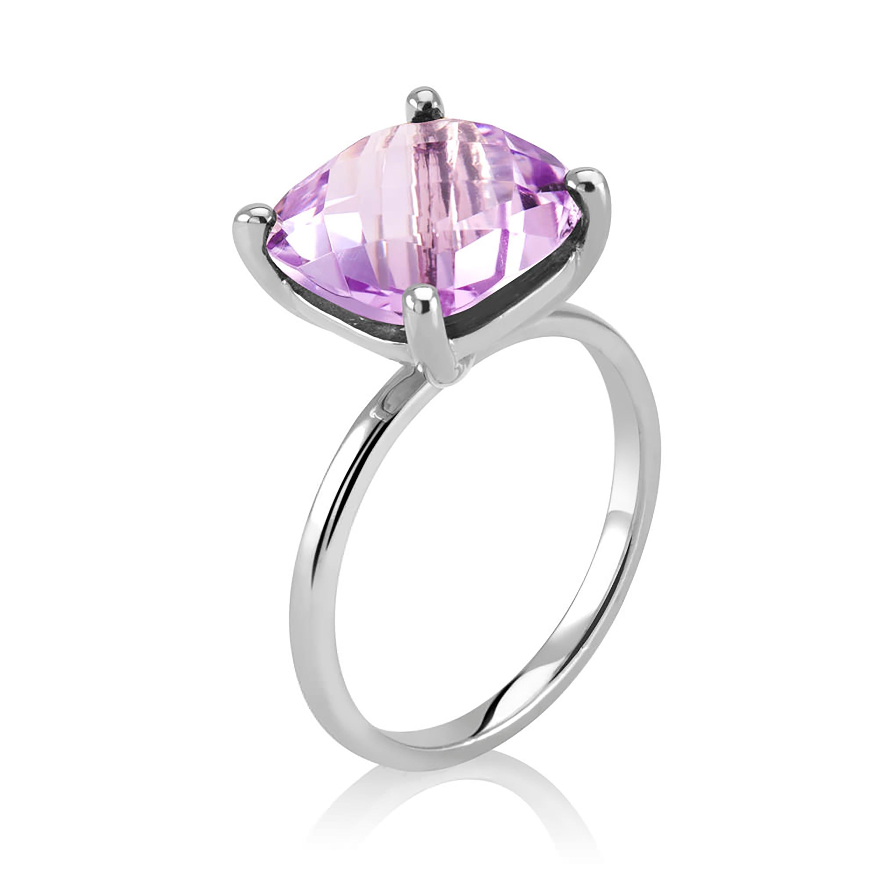 Contemporary Cushion Amethyst Solitaire Sterling Silver Ring