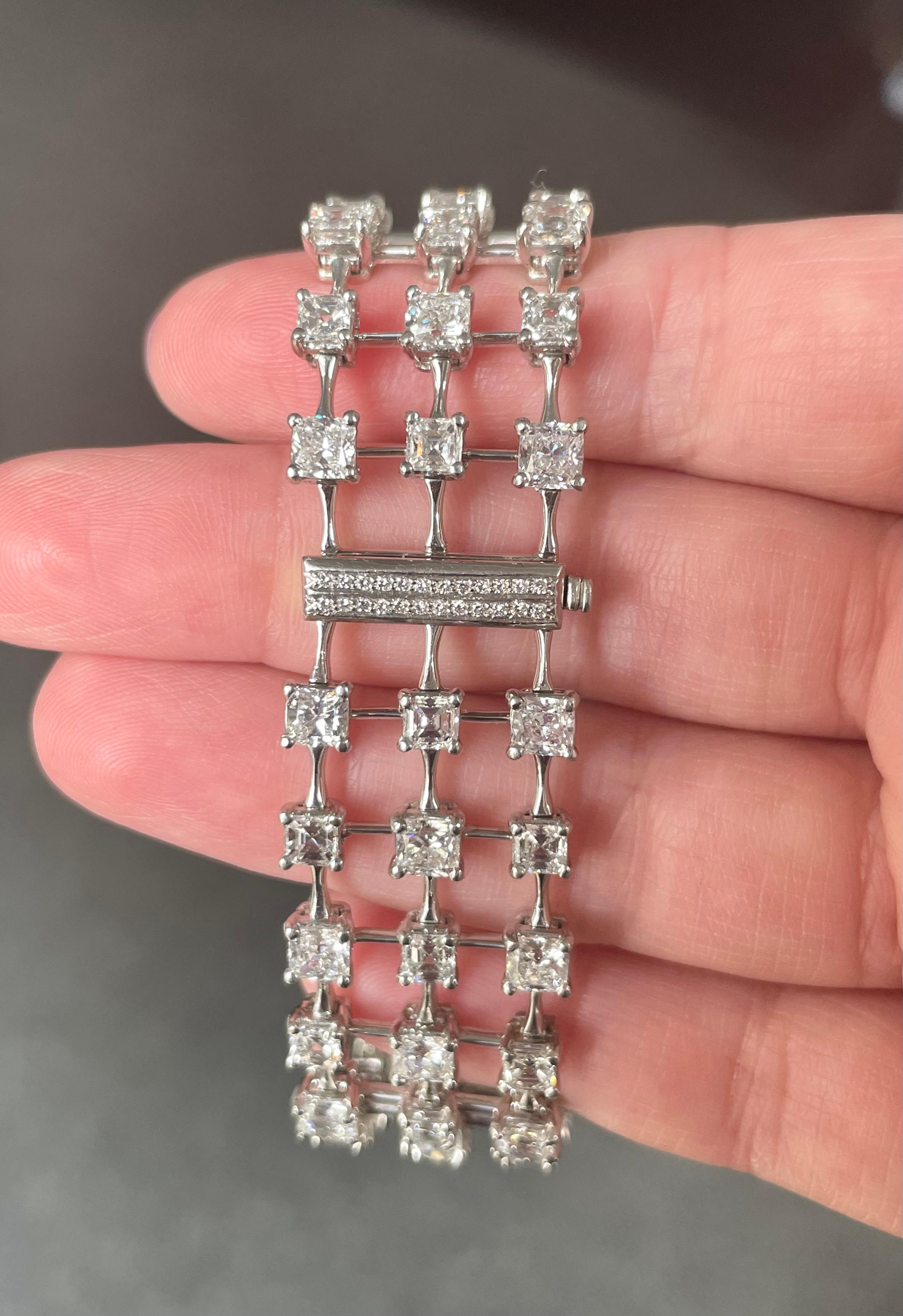 Asscher Cut J. Birnbach 18.31 carat Cushion and Asscher Diamond Triple Row Bracelet For Sale