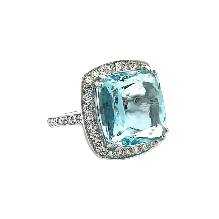 Modern Cushion Aquamarine 15.50 CT Round Diamond 1.65CT Cocktail Ring 18K White Gold For Sale