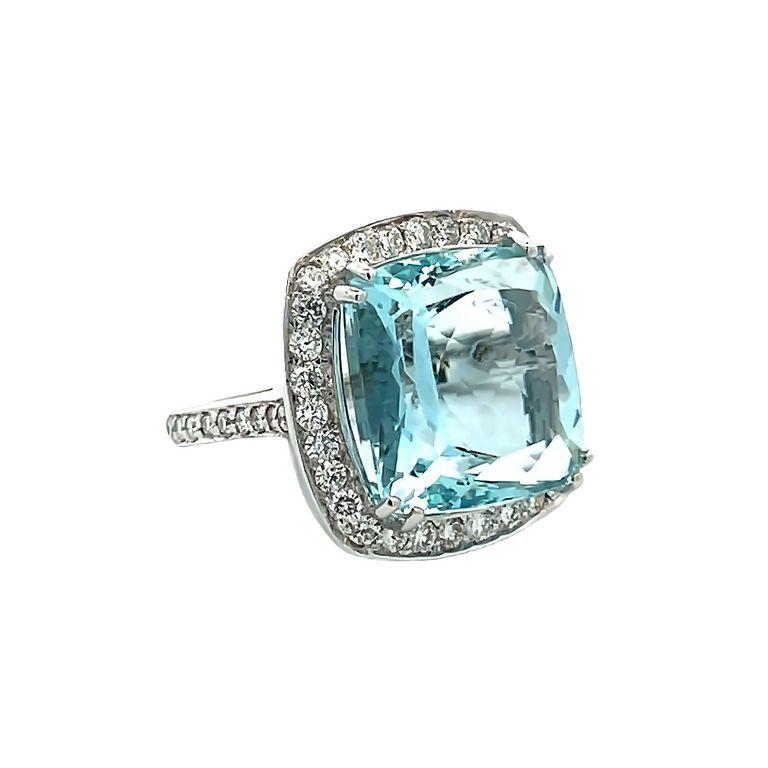 Modern Cushion Aquamarine 15.50 CT Round Diamond 1.65CT Cocktail Ring 18K White Gold  For Sale