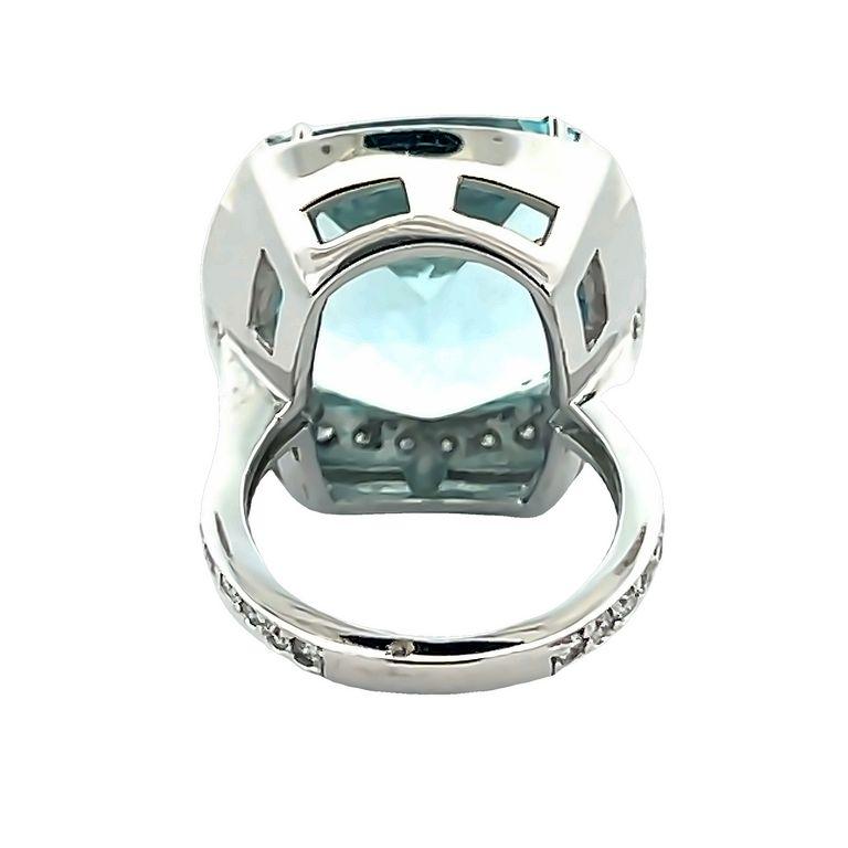 Cushion Aquamarine 15.50 CT Round Diamond 1.65CT Cocktail Ring 18K White Gold  For Sale 1