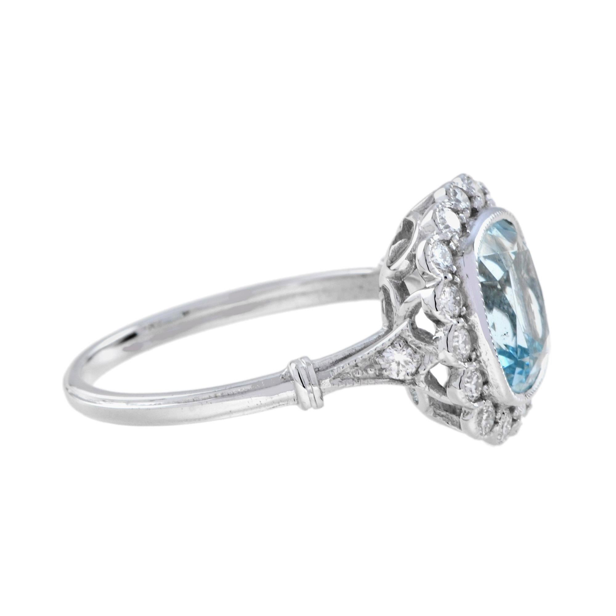 For Sale:  Cushion Aquamarine and Diamond Halo Ring in 18K White Gold 6