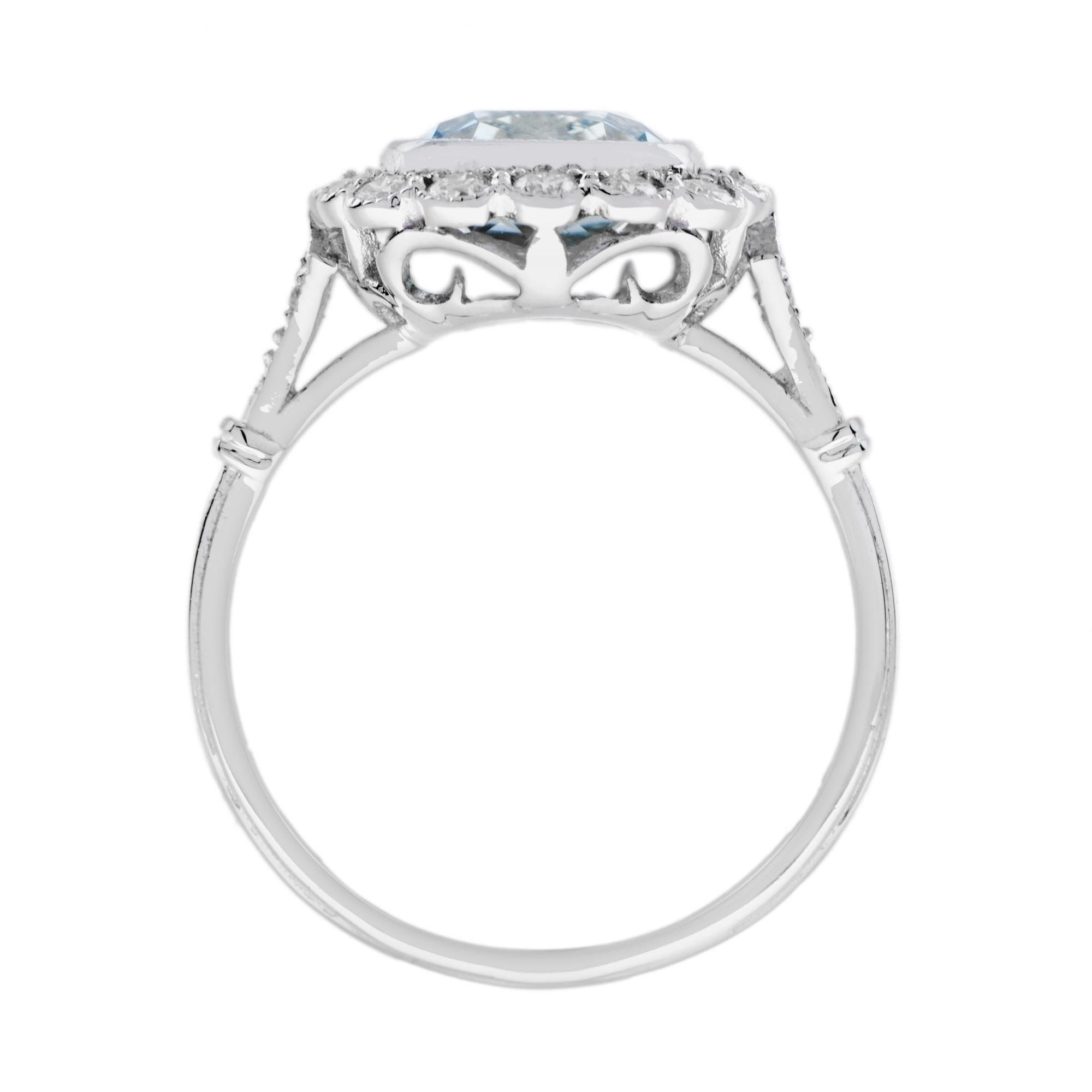 For Sale:  Cushion Aquamarine and Diamond Halo Ring in 18K White Gold 8
