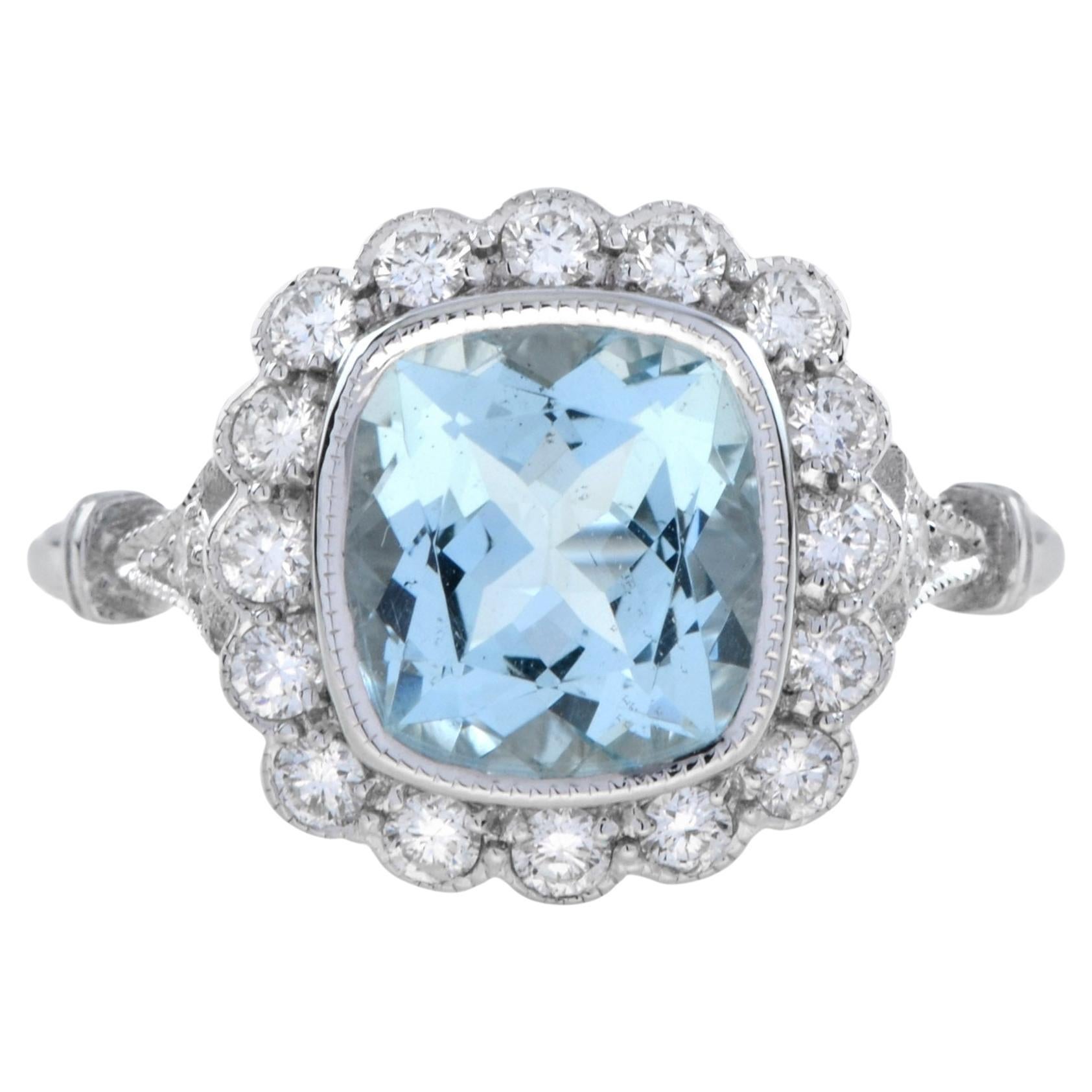 For Sale:  Cushion Aquamarine and Diamond Halo Ring in 18K White Gold