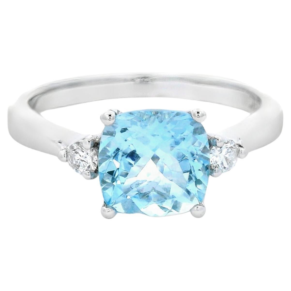 Cushion Aquamarine and Diamond Three-Stone Ring 1.35ct in 14K White Gold Size en vente