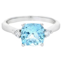 Cushion Aquamarine and Diamond Three-Stone Ring 1.35ct in 14K White Gold Size