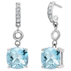 Cushion Aquamarine and Diamond White Gold Hoop Drop Earrings