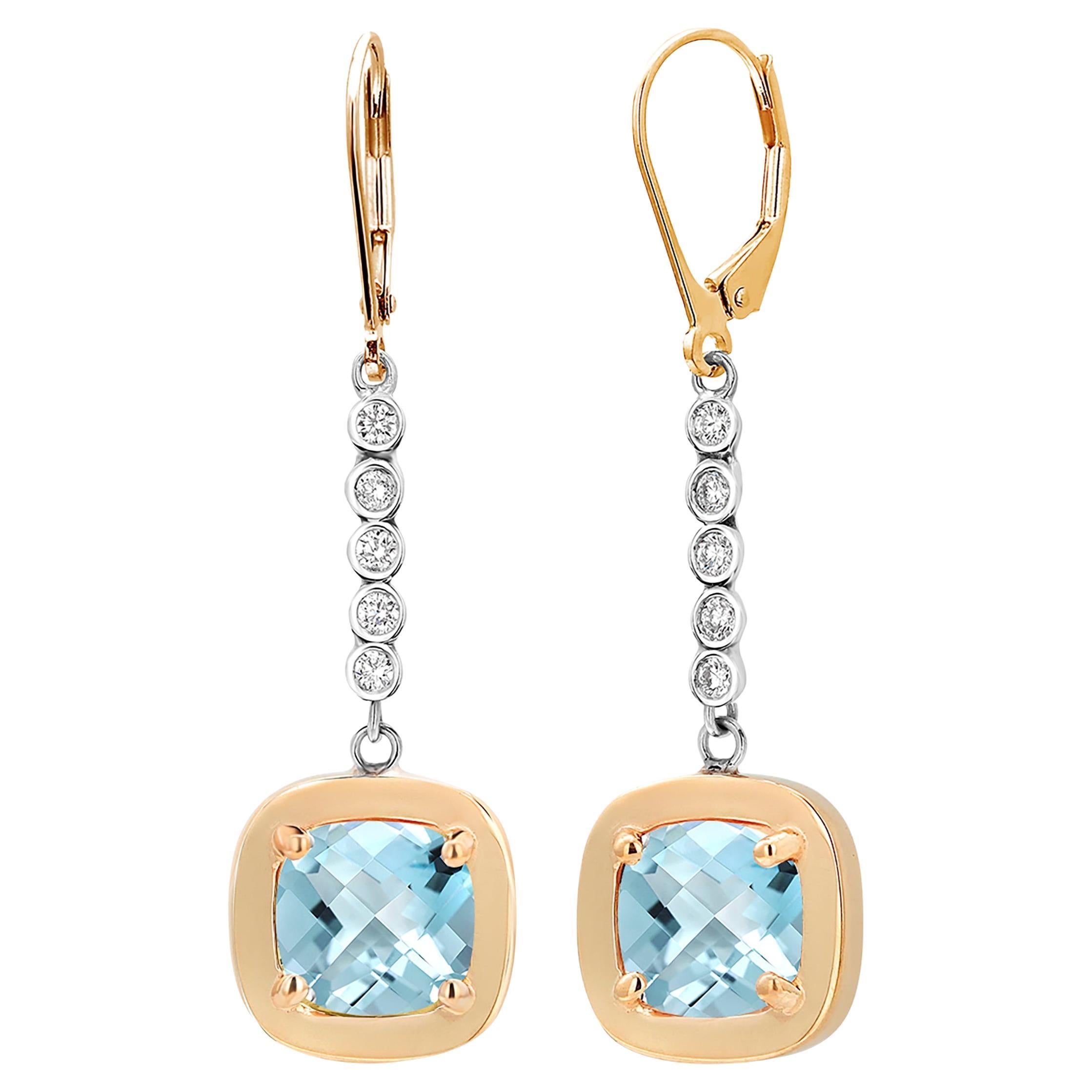 Cushion Aquamarine and Diamonds White and Yellow Gold Lever Back Earrings