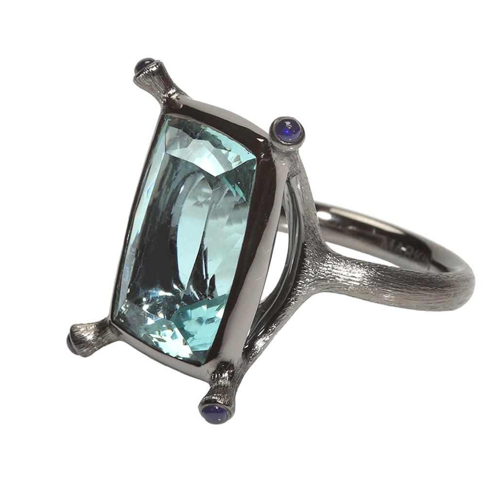 Cushion Aquamarine Sapphire 18 Karat Blackened Gold Set of Ring and Earrings