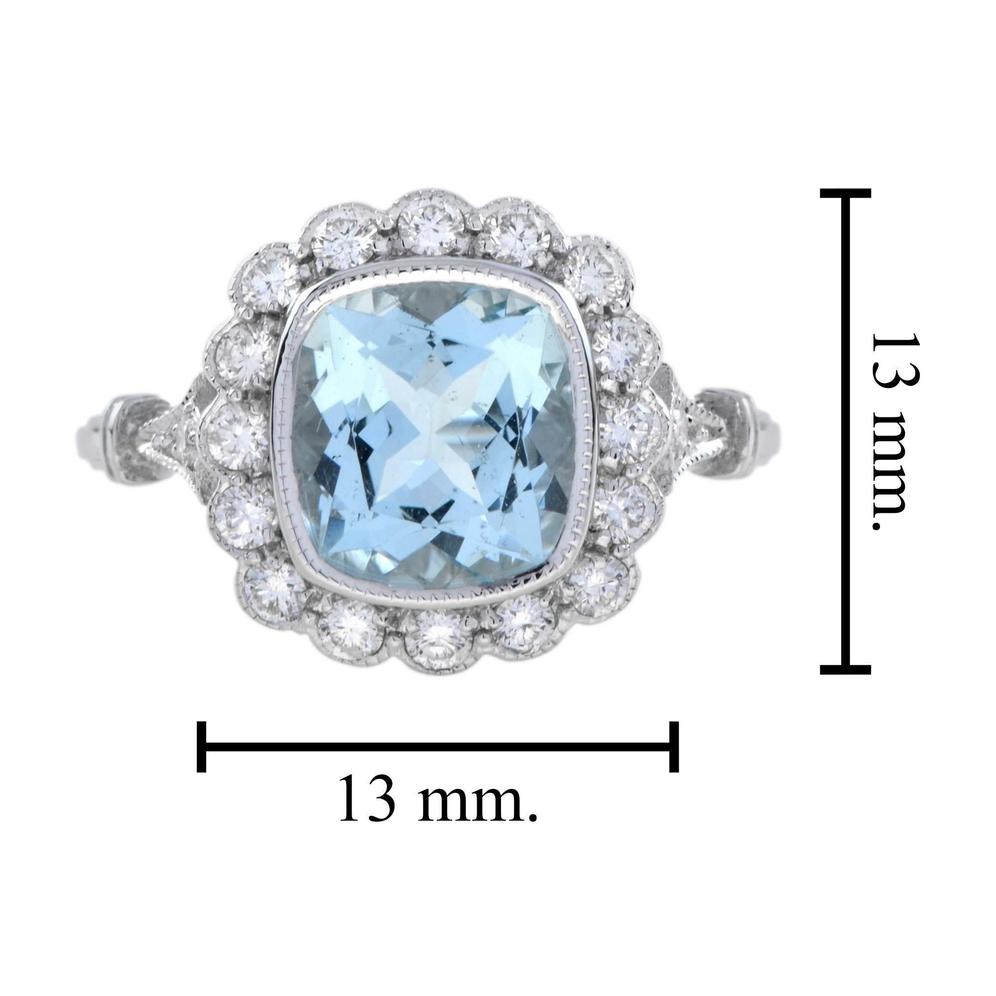 Cushion Blue Aquamarine & Diamond Halo Set 18K White Gold Vintage Style Ring in vendita 5