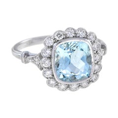 Cushion Blue Aquamarine & Diamond Halo Set 18K White Gold Vintage Style Ring
