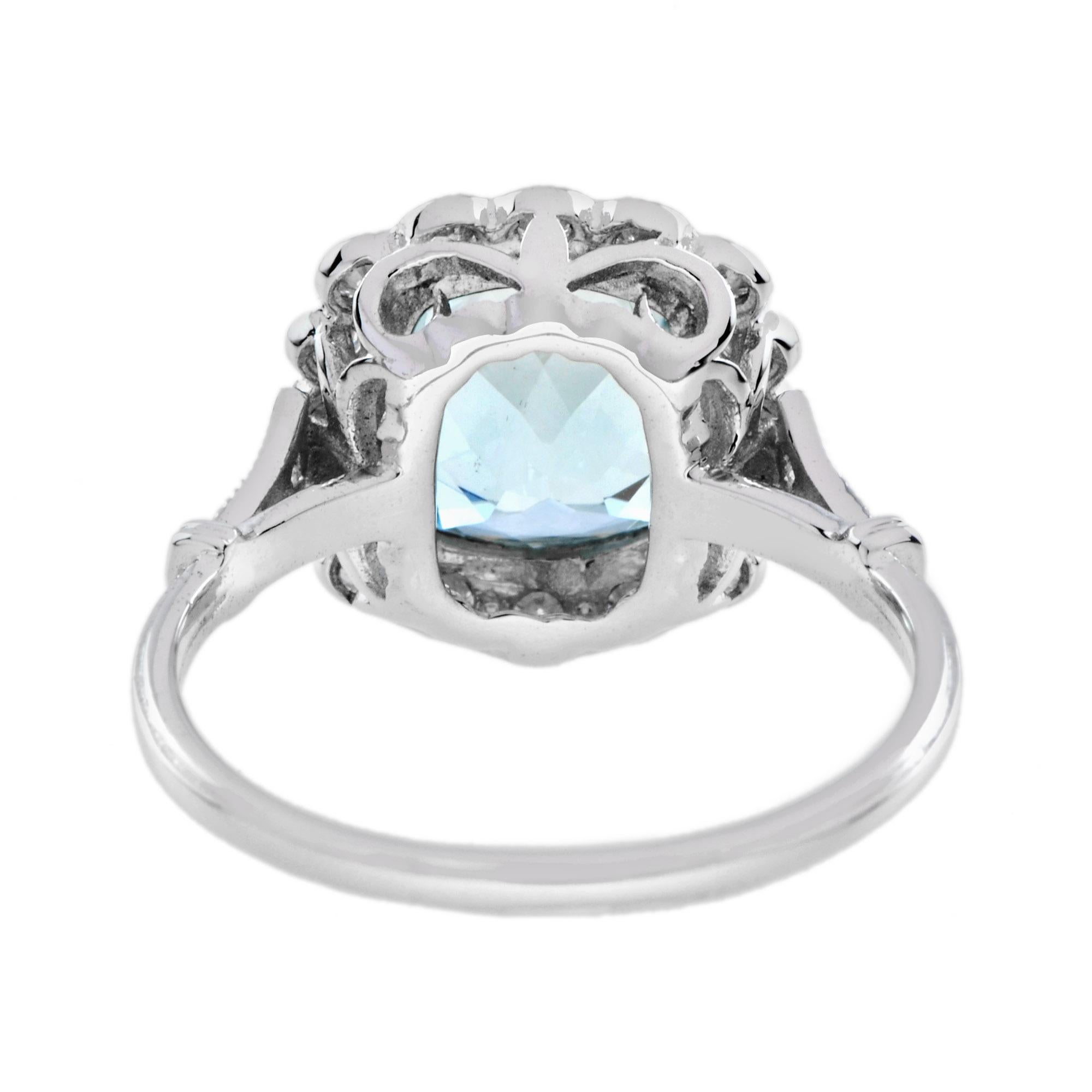 Donna Cushion Blue Aquamarine & Diamond Halo Set 18K White Gold Vintage Style Ring in vendita