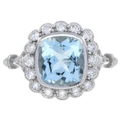 Cushion Blue Aquamarine & Diamond Halo Set 18K White Gold Vintage Style Ring