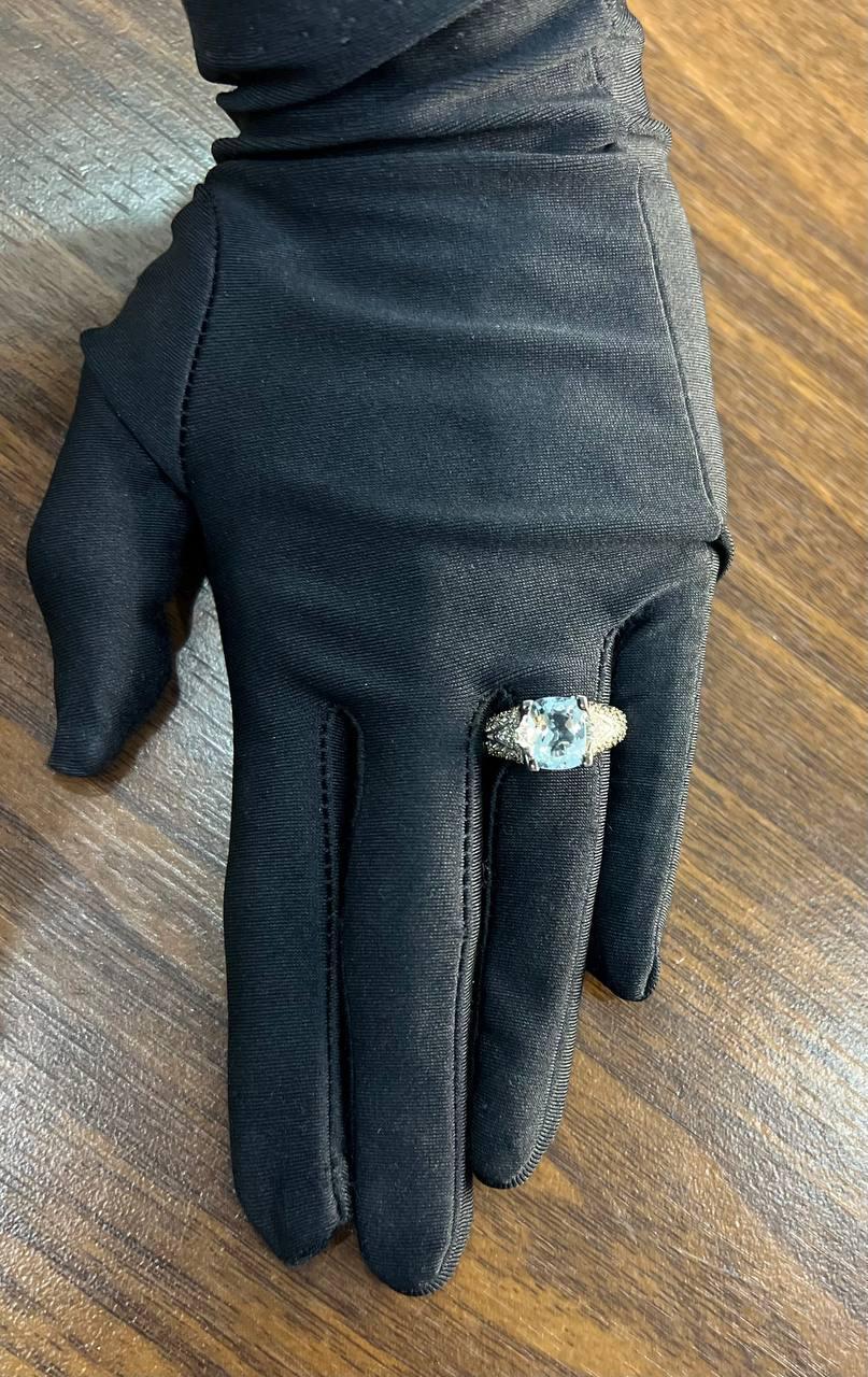 Cushion Blue Aquamarine Diamond Pave Set 14K White Gold Statement Cocktail Ring For Sale 5