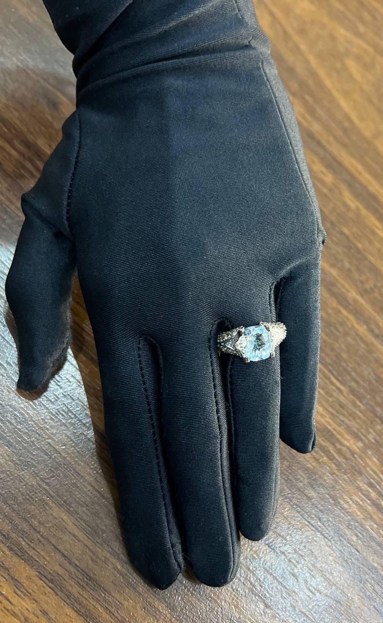 Cushion Blue Aquamarine Diamond Pave Set 14K White Gold Statement Cocktail Ring For Sale 7
