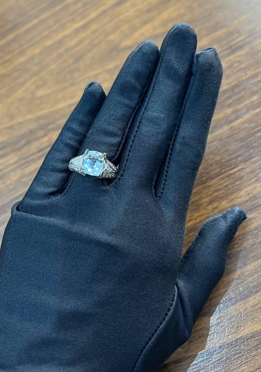 Cushion Blue Aquamarine Diamond Pave Set 14K White Gold Statement Cocktail Ring For Sale 8