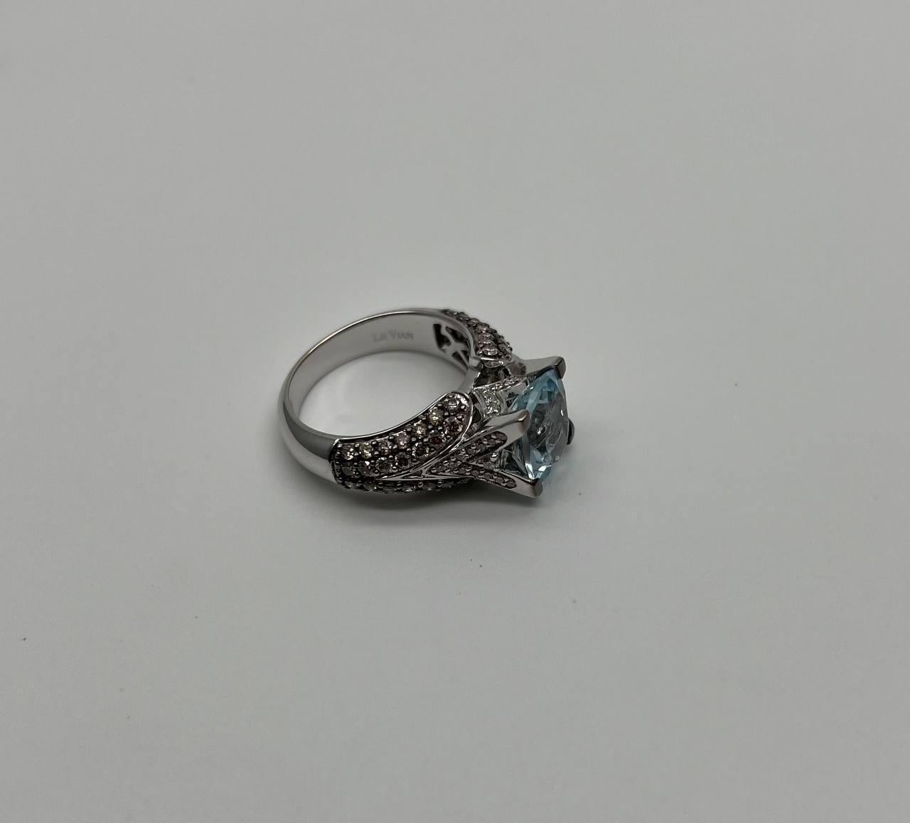 Cushion Cut Cushion Blue Aquamarine Diamond Pave Set 14K White Gold Statement Cocktail Ring For Sale