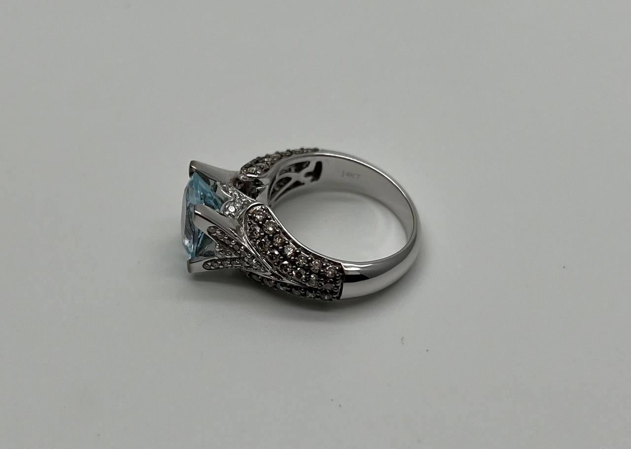 Cushion Blue Aquamarine Diamond Pave Set 14K White Gold Statement Cocktail Ring In New Condition For Sale In Oakton, VA