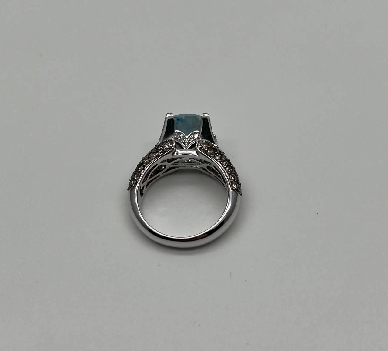 Women's Cushion Blue Aquamarine Diamond Pave Set 14K White Gold Statement Cocktail Ring For Sale