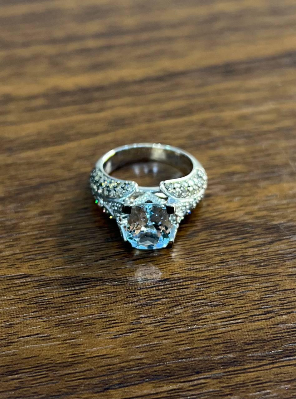 Cushion Blue Aquamarine Diamond Pave Set 14K White Gold Statement Cocktail Ring For Sale 1