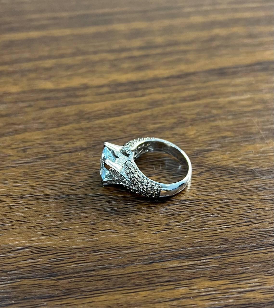 Cushion Blue Aquamarine Diamond Pave Set 14K White Gold Statement Cocktail Ring For Sale 2