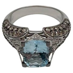 Cushion Blue Aquamarine Diamond Pave Set 14K White Gold Statement Cocktail Ring