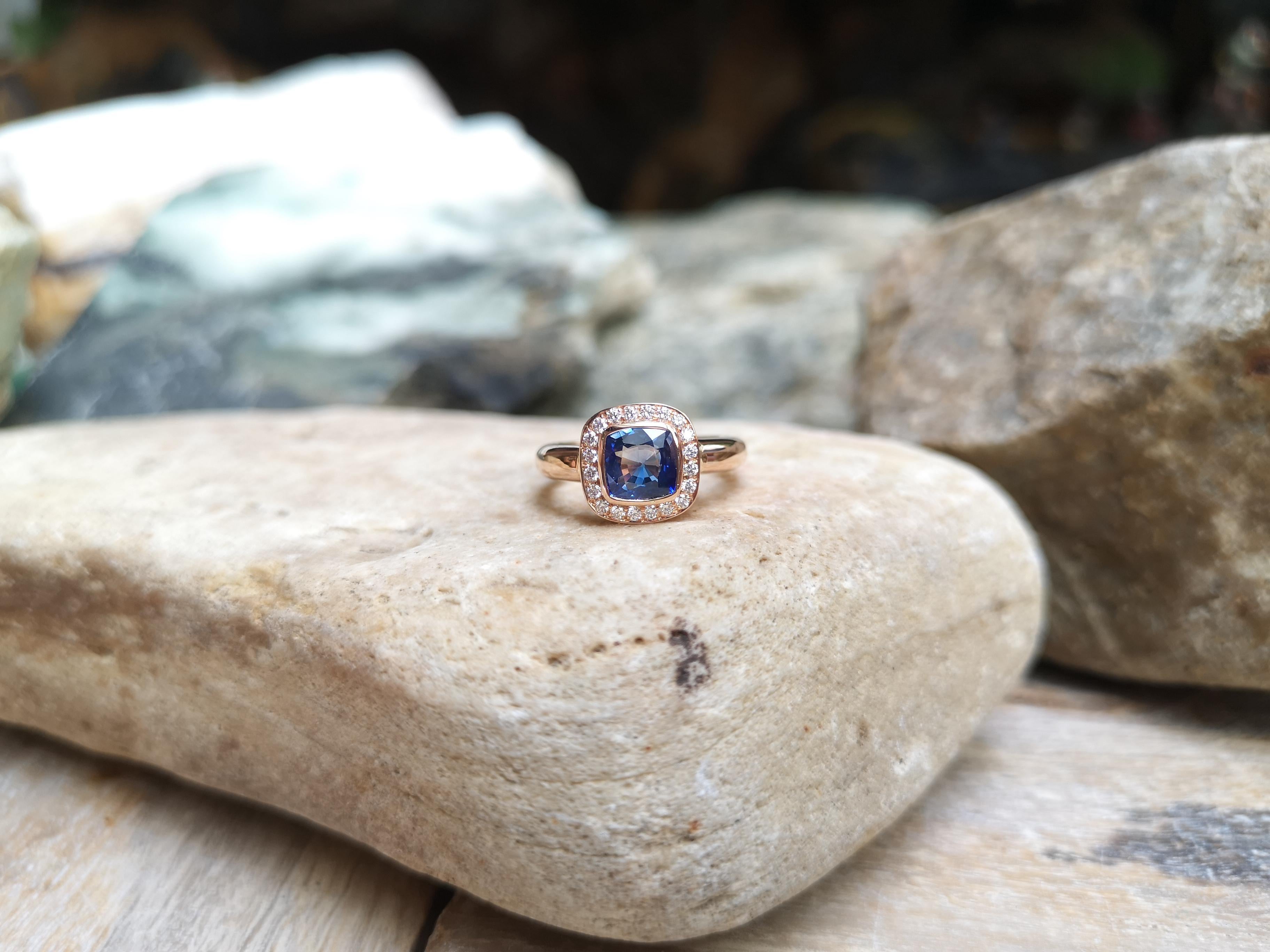 Cushion Cut Cushion Blue Sapphire with Diamond Ring Set in 18 Karat Rose Gold Settings For Sale