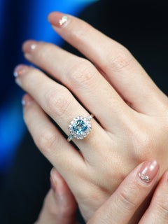 Cushion Blue Topaz and Diamond Antique Style Engagement Ring in 14K White Gold
