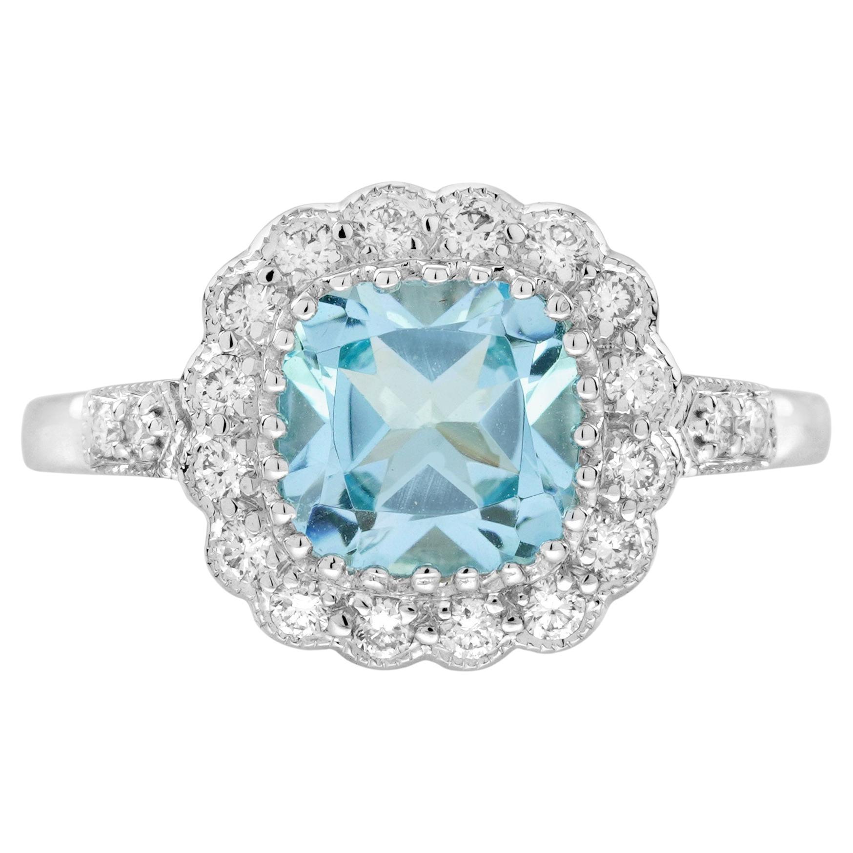 Cushion Blue Topaz and Diamond Antique Style Engagement Ring in 14K White Gold