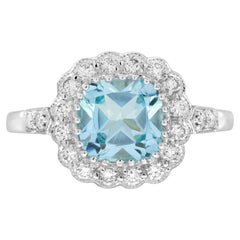 Cushion Blue Topaz and Diamond Antique Style Engagement Ring in 14K White Gold