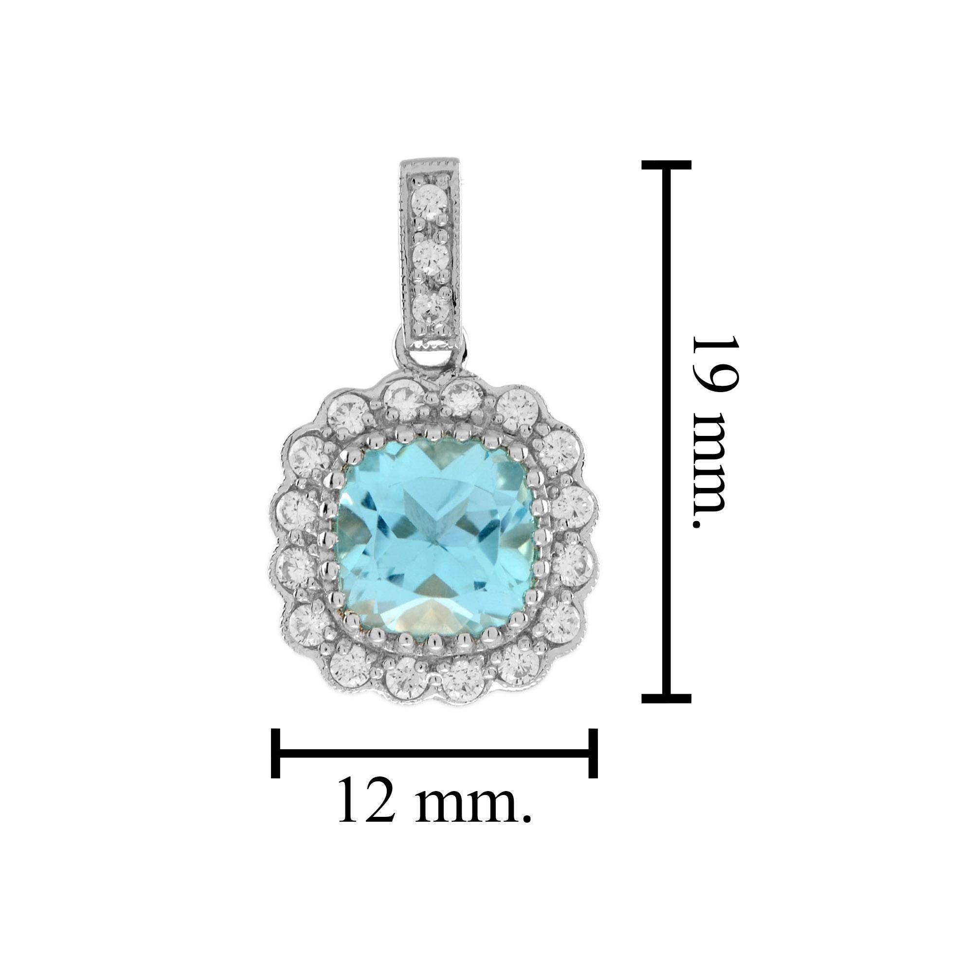 Cushion Blue Topaz and Diamond Pendant in 14K White Gold In New Condition For Sale In Bangkok, TH