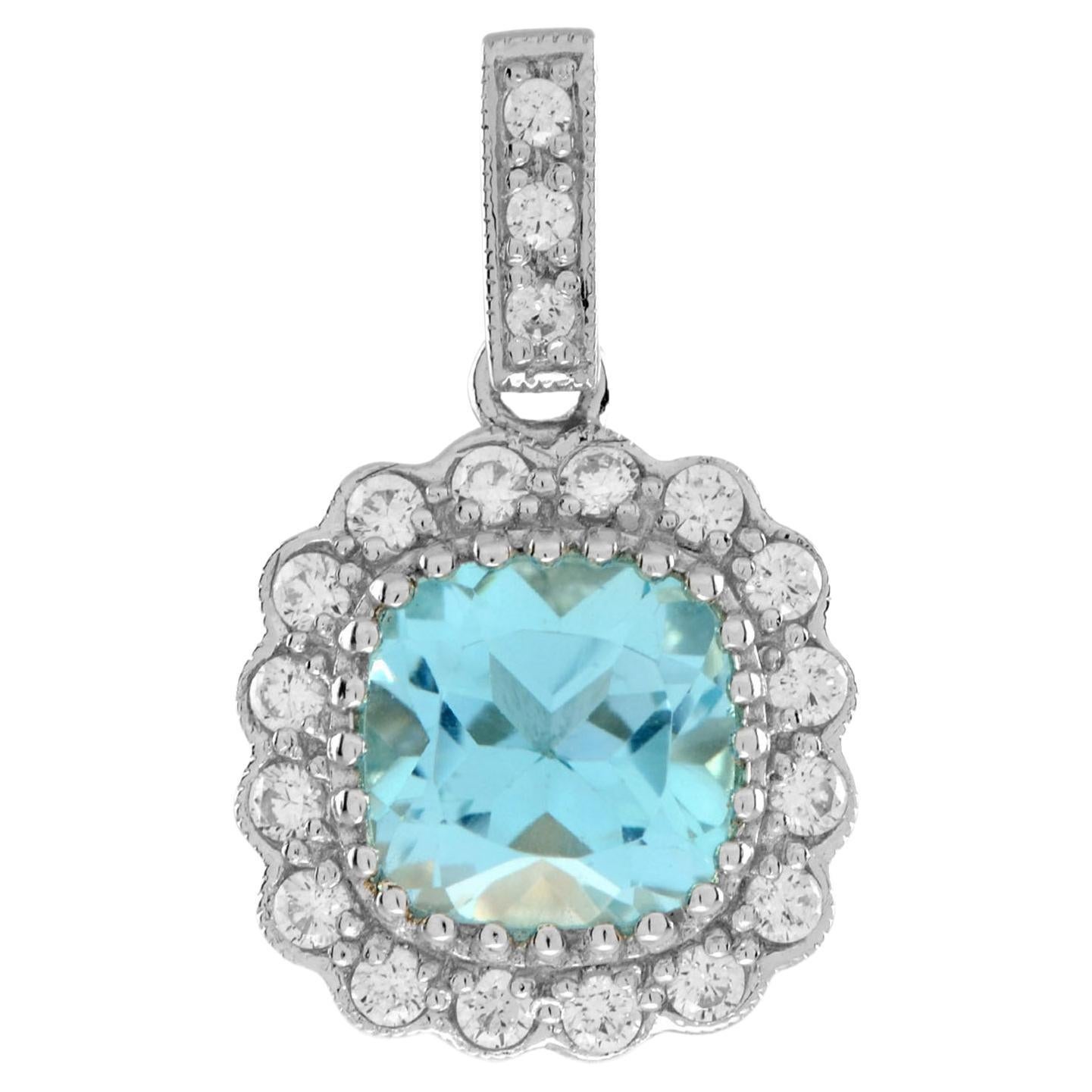 Cushion Blue Topaz and Diamond Pendant in 14K White Gold For Sale