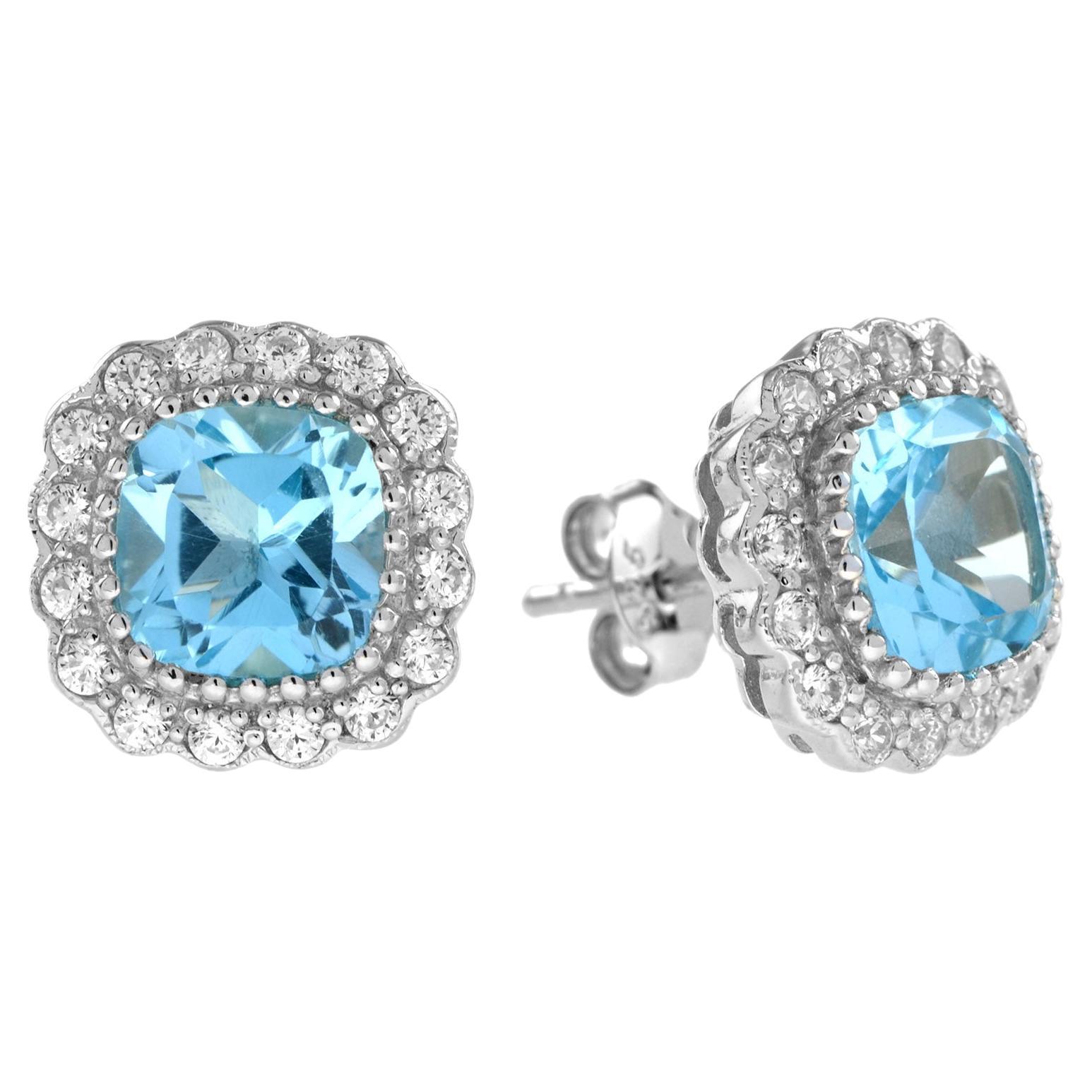 Cushion Blue Topaz and Diamond Halo Stud Earrings in 14K White Gold For Sale