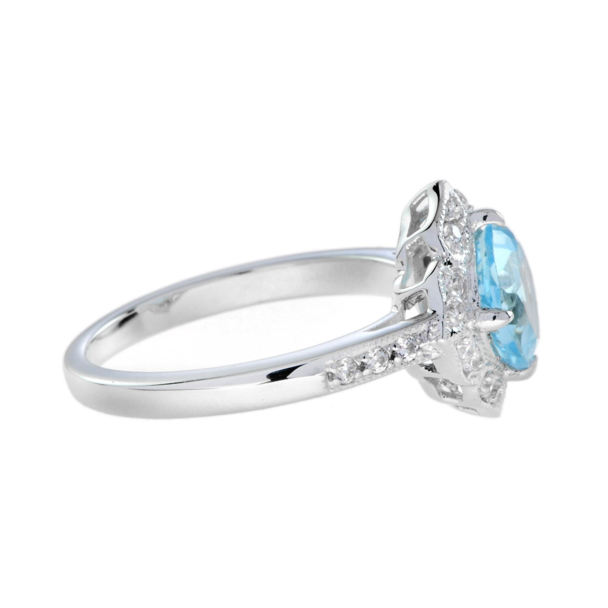 For Sale:  Cushion Blue Topaz and Diamond Vintage Style Engagement Ring in 14K White Gold 4