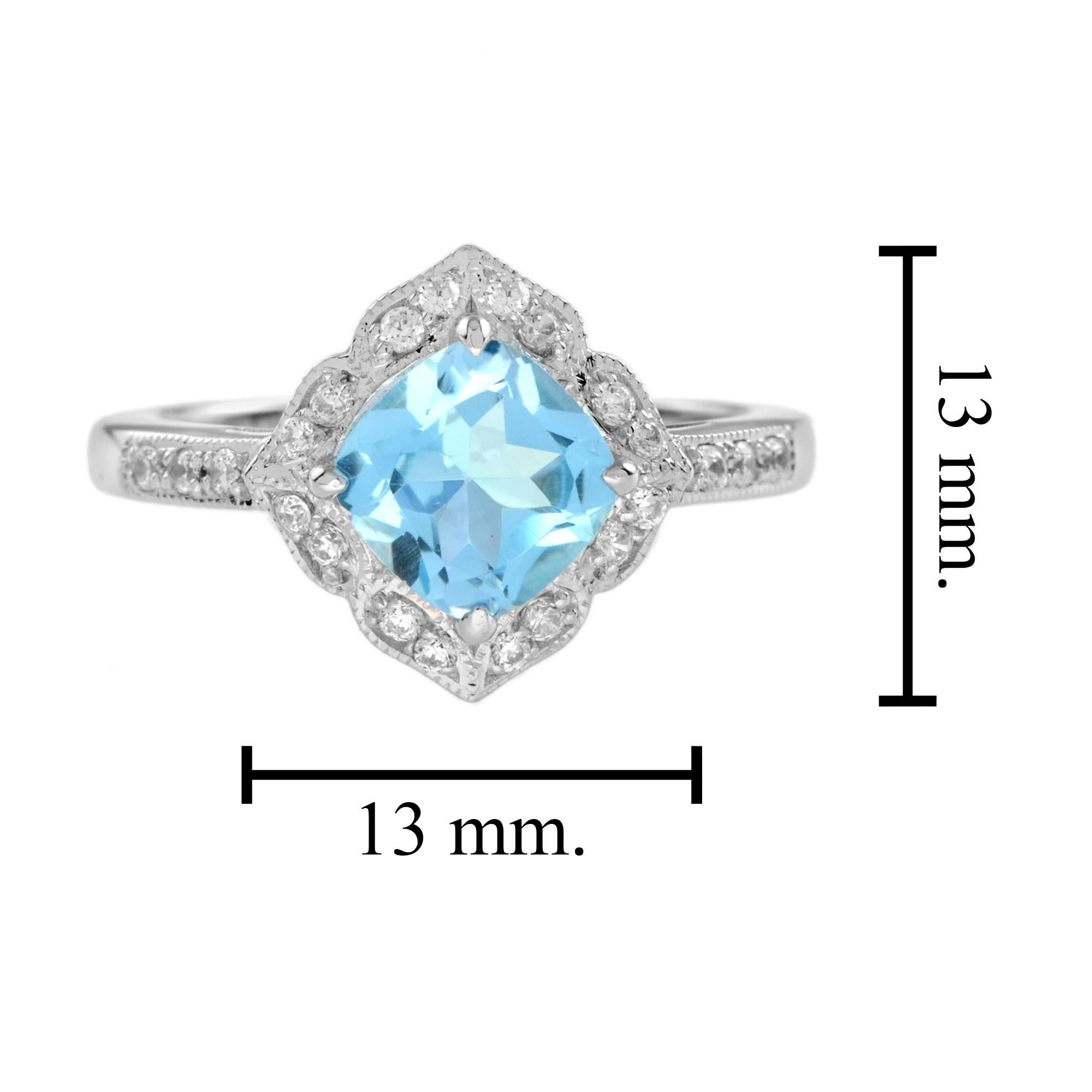 For Sale:  Cushion Blue Topaz and Diamond Vintage Style Engagement Ring in 14K White Gold 7