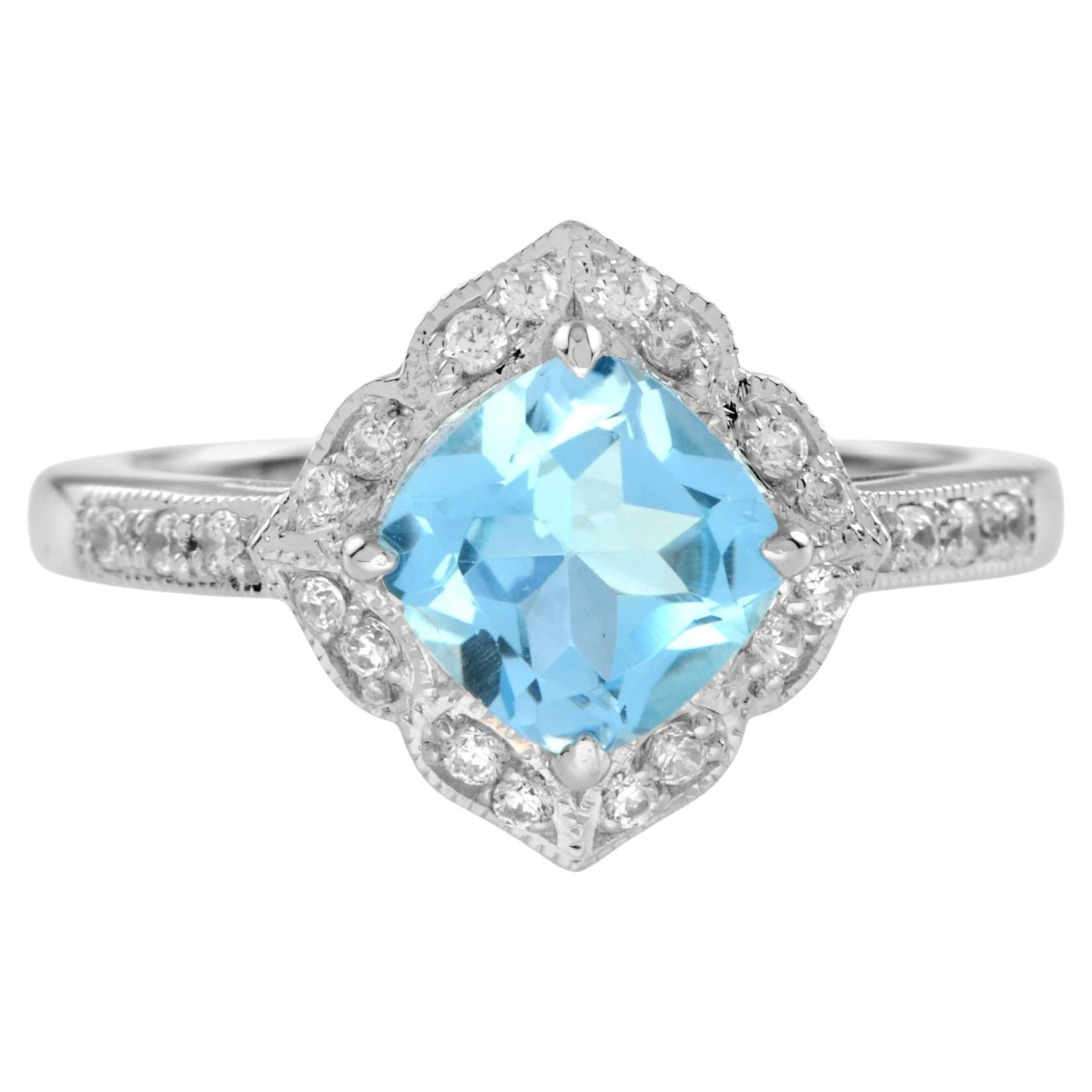 For Sale:  Cushion Blue Topaz and Diamond Vintage Style Engagement Ring in 14K White Gold