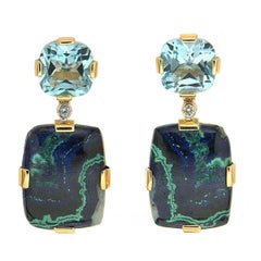 Cushion Blue Topaz and Rectangle Azurite Malachite Earrings