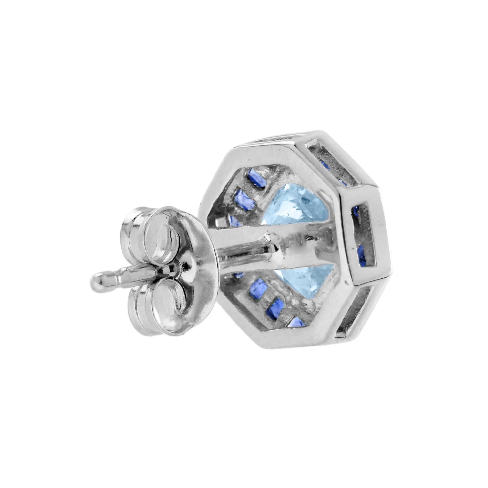 Art déco Boucles d'oreilles en or blanc 14K, Topaze bleue coussin et saphir bleu, style Art Déco en vente