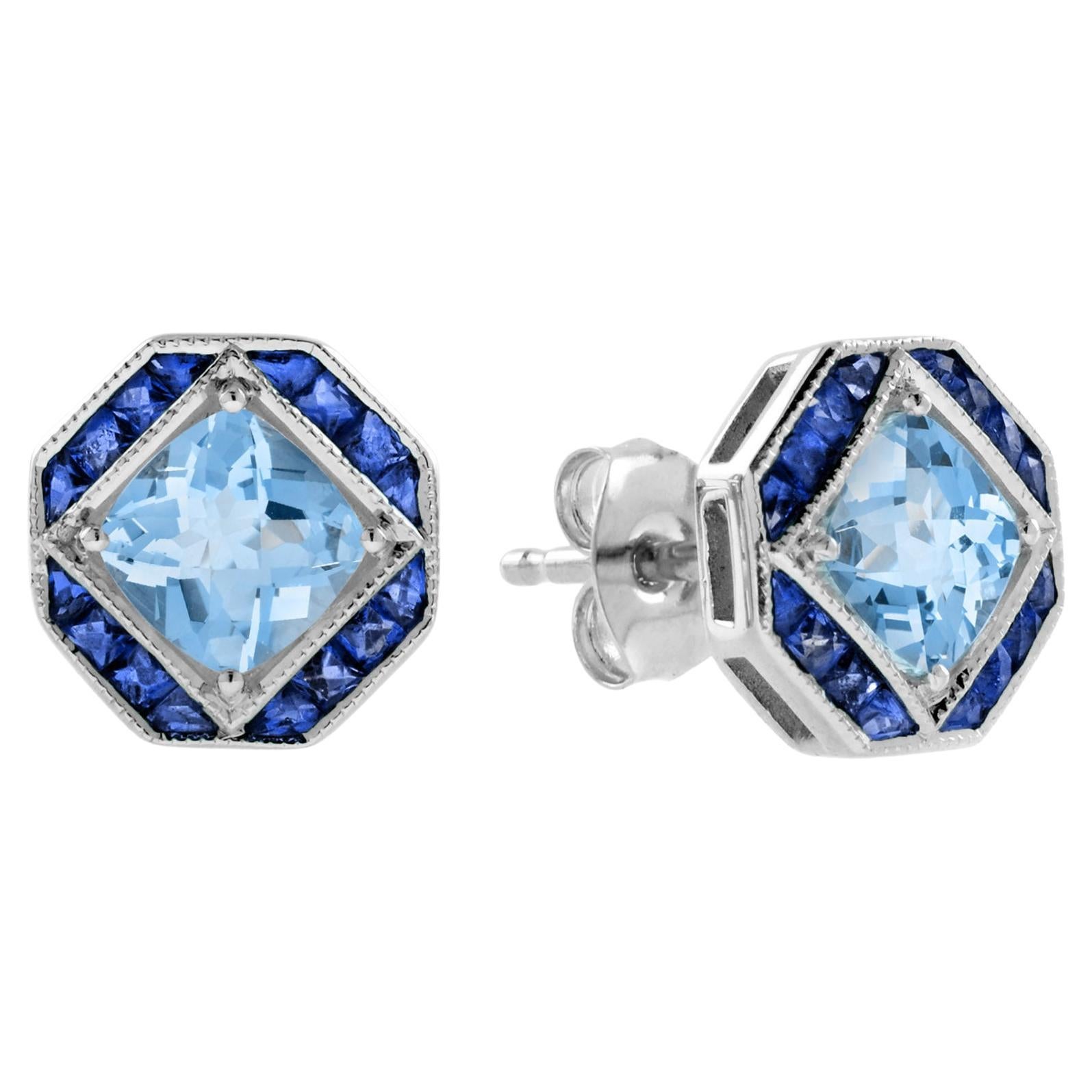 Boucles d'oreilles en or blanc 14K, Topaze bleue coussin et saphir bleu, style Art Déco