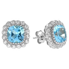 Cushion Blue Topaz & Diamond 14K White Gold Stud Earrings