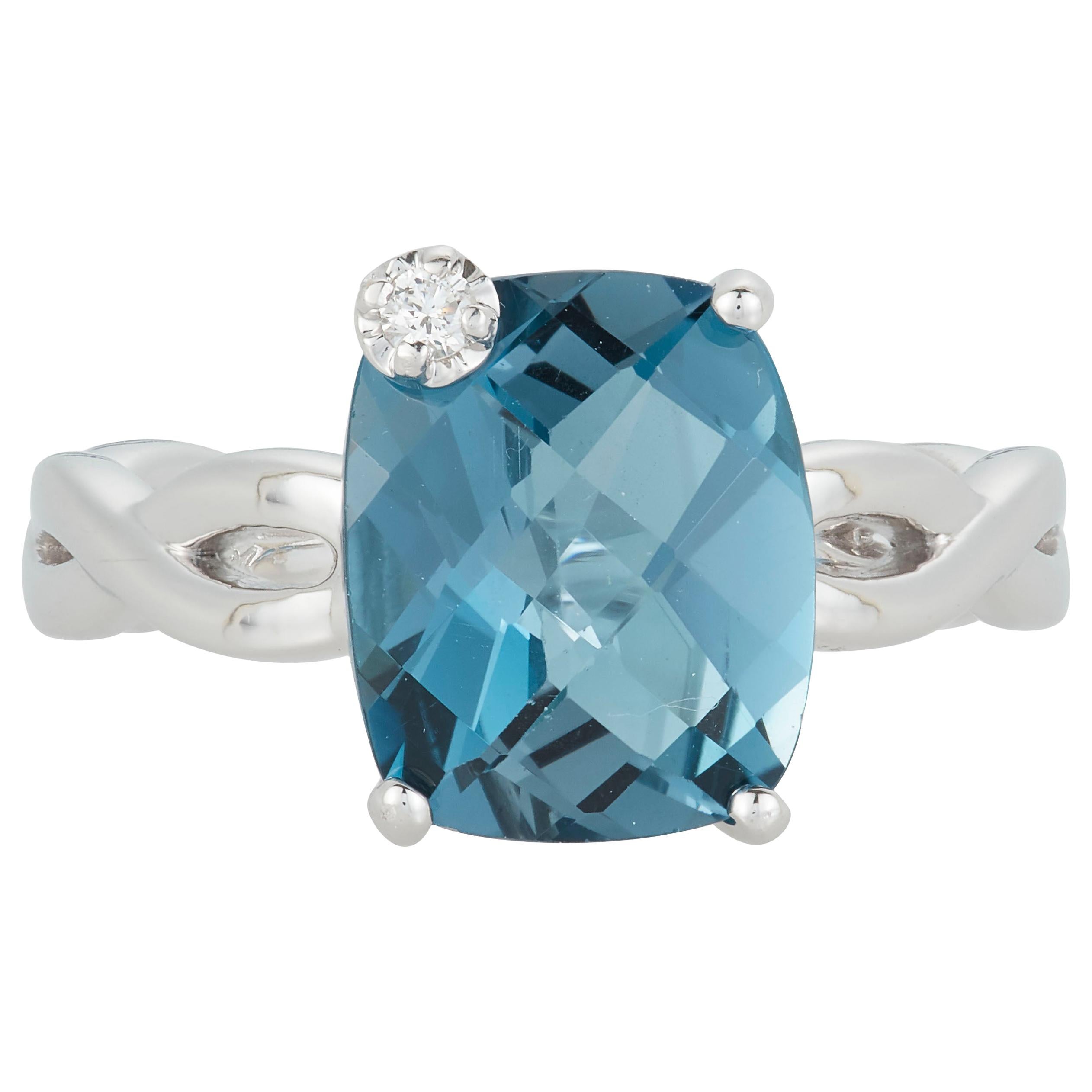 Cushion Blue Topaz Diamond Accent Solitaire Fashion Infiniti Swirl Ring 14 Karat For Sale