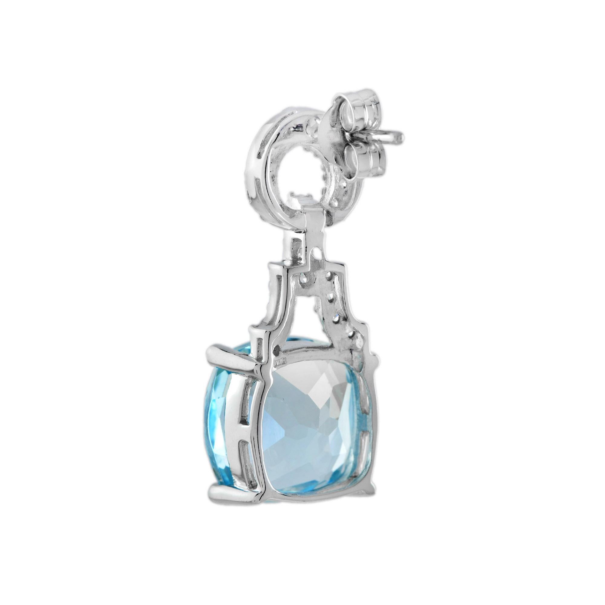 Blauer Topas & Diamant Art Deco Stil Tropfen Ohrringe 14K Weißgold (Art déco) im Angebot