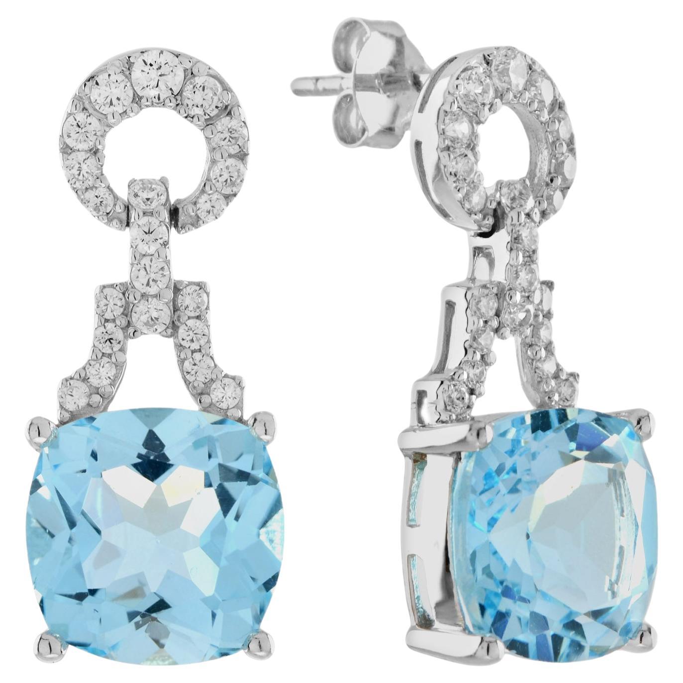 Orecchini a goccia in oro bianco 14 carati in stile Art Deco con diamanti e topazio blu a cuscino
