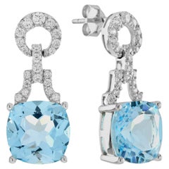 Cushion Blue Topaz & Diamond Art Deco Style Drop 14K White Gold Earrings