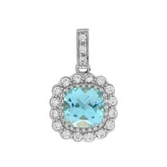 Cushion Blue Topaz Diamond Halo Set Stud Earrings & Pendant Set
