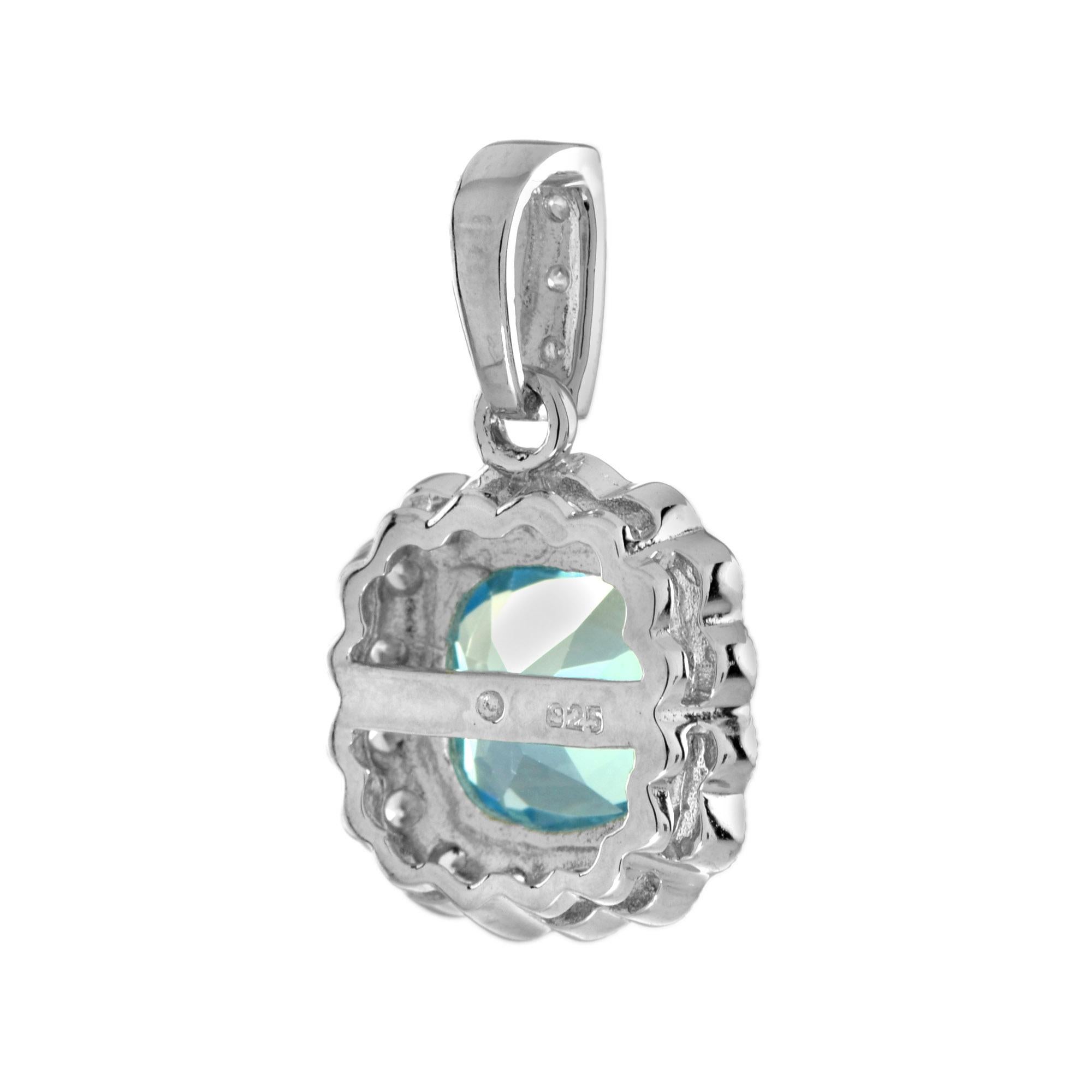 Cushion Blue Topaz Diamant Halo Set Ohrstecker & Anhänger Set Damen im Angebot