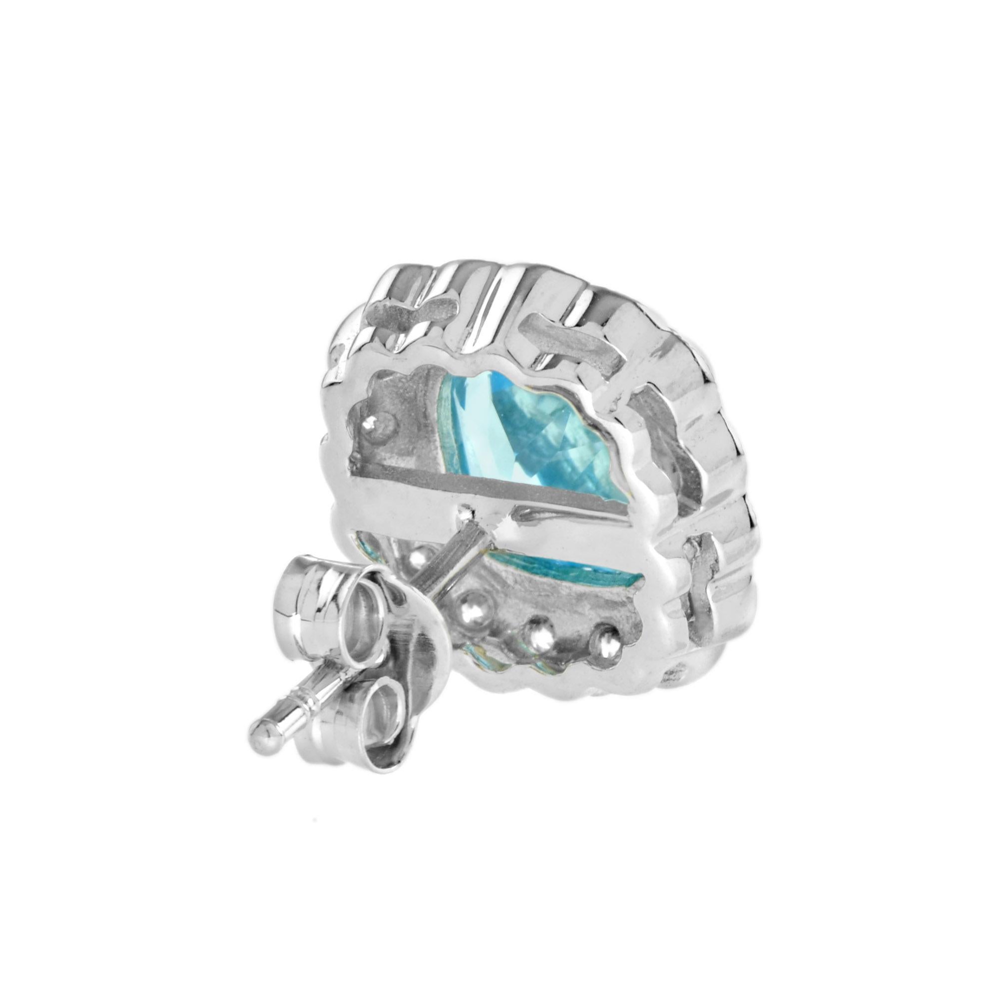 Cushion Blue Topaz Diamant Halo Set Ohrstecker & Anhänger Set im Angebot 1