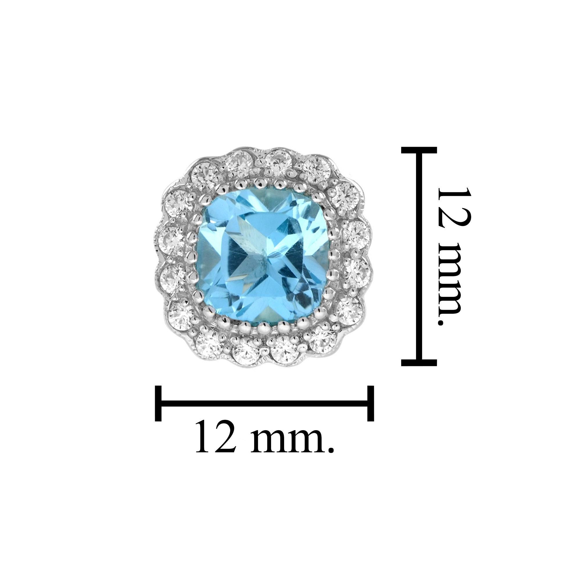 Cushion Blue Topaz Diamant Halo Set Ohrstecker & Anhänger Set im Angebot 4